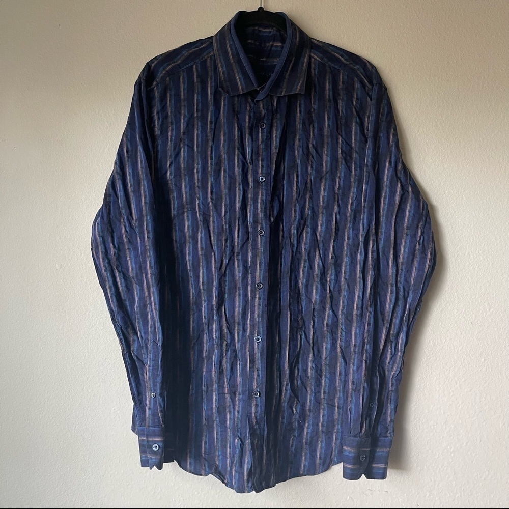 Bugatchi Uomo Blue Striped Shaped Fit Long Sleeve Button Down Shirt